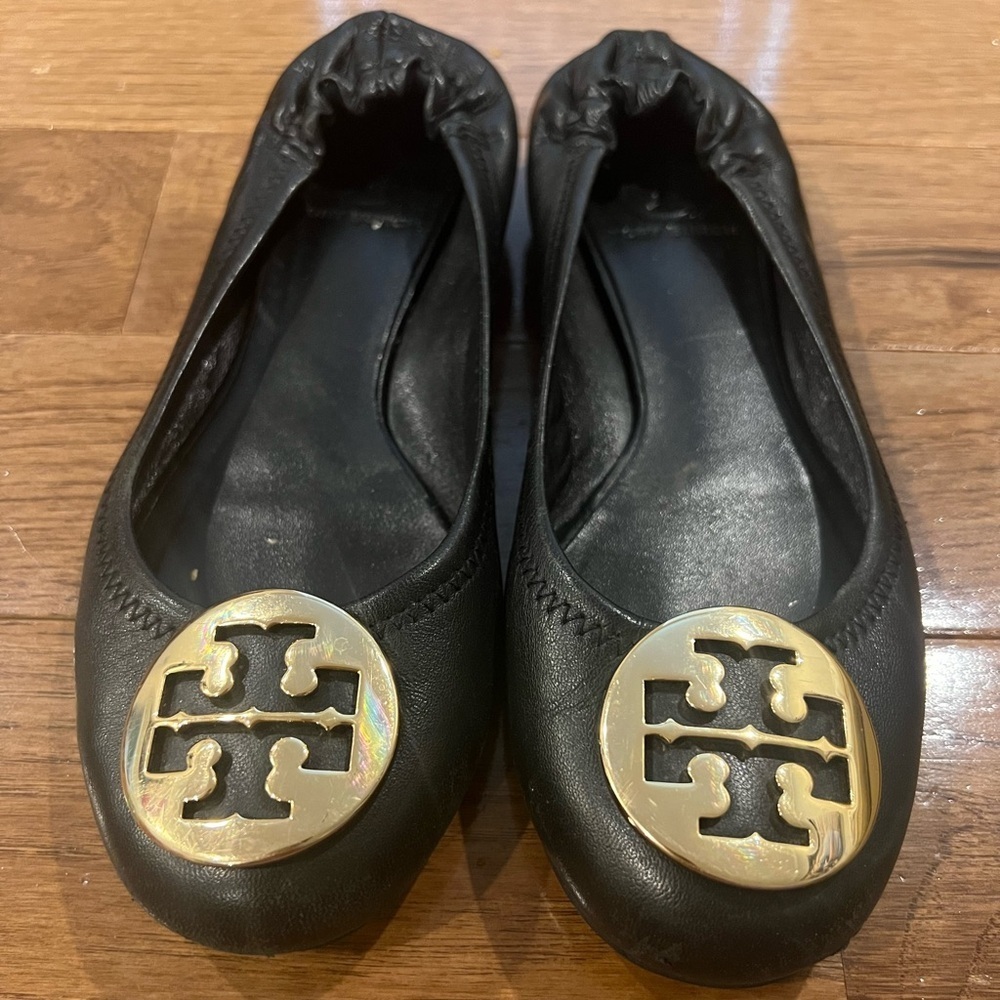 Tory Burch Reva Black Leather Ballet Flats with Gold Logo Size 6.5